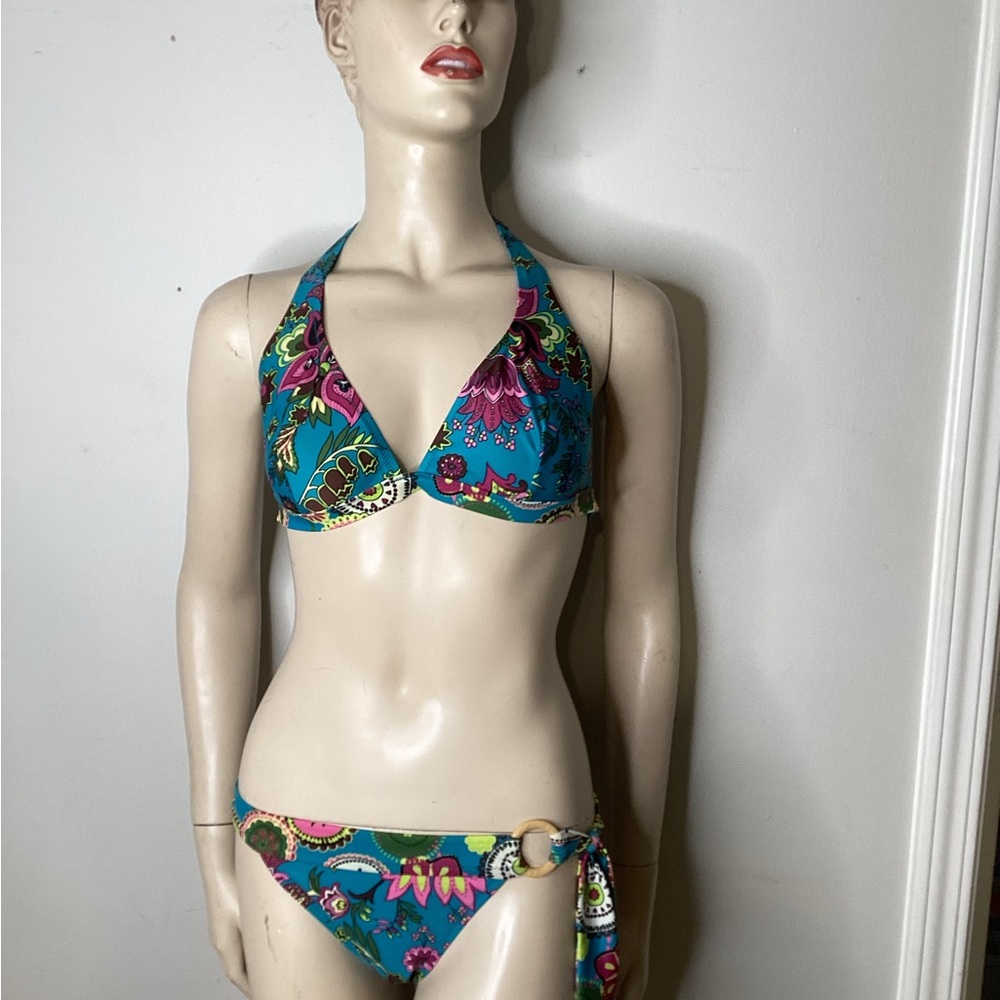 Blue and Pink Bikini with Triangle Top and Side Ties
